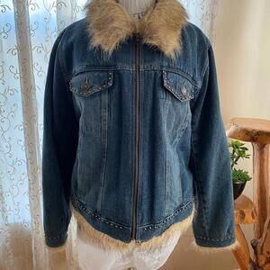 Women's Denim Jacket with Faux Fur Collar and Hem 1X